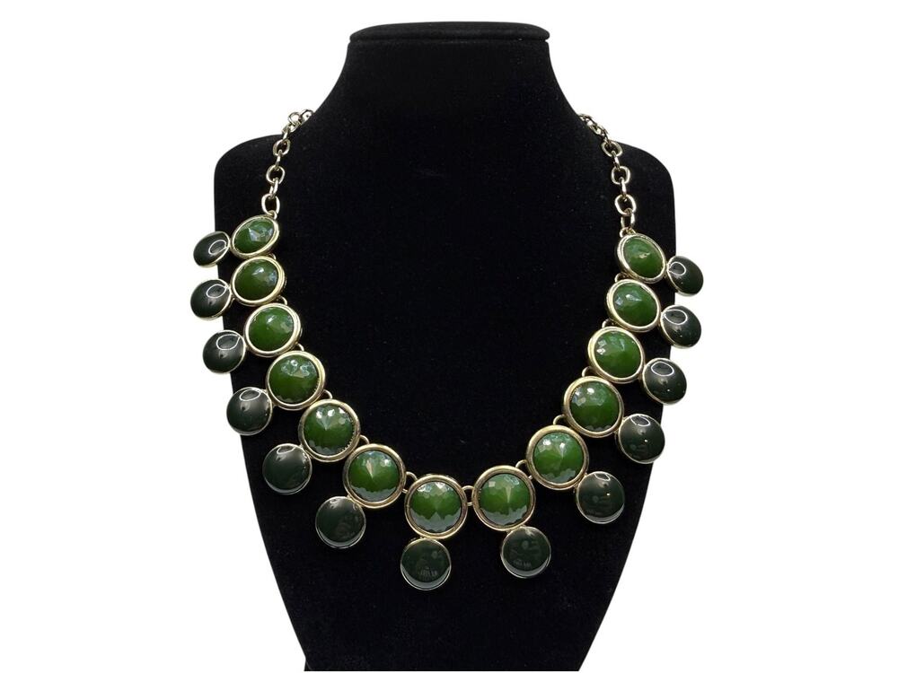 Chunky Dark Green Acrylic Cabochon Gold Tone Statement Bib Necklace Fashion 21"